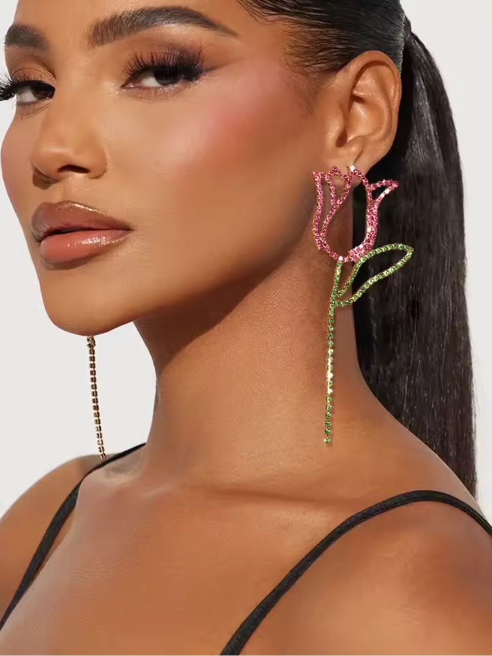 Pink and Green Rhinestone Rose Drop Earrings